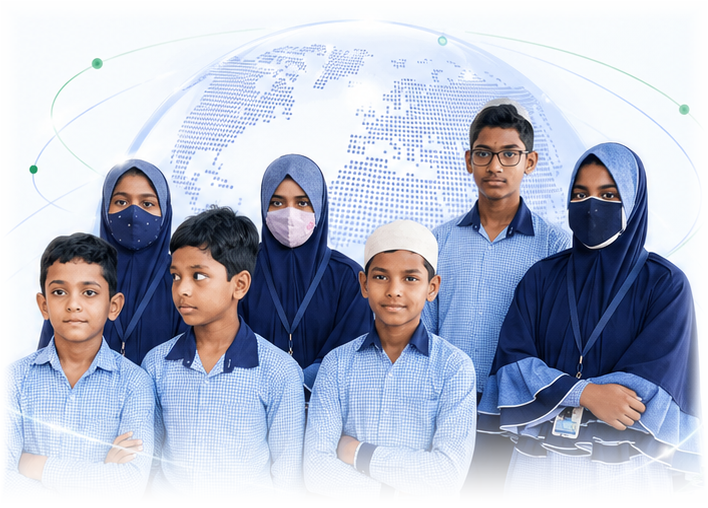 Students supported by Pen Foundation, with a globe representing a world of opportunity