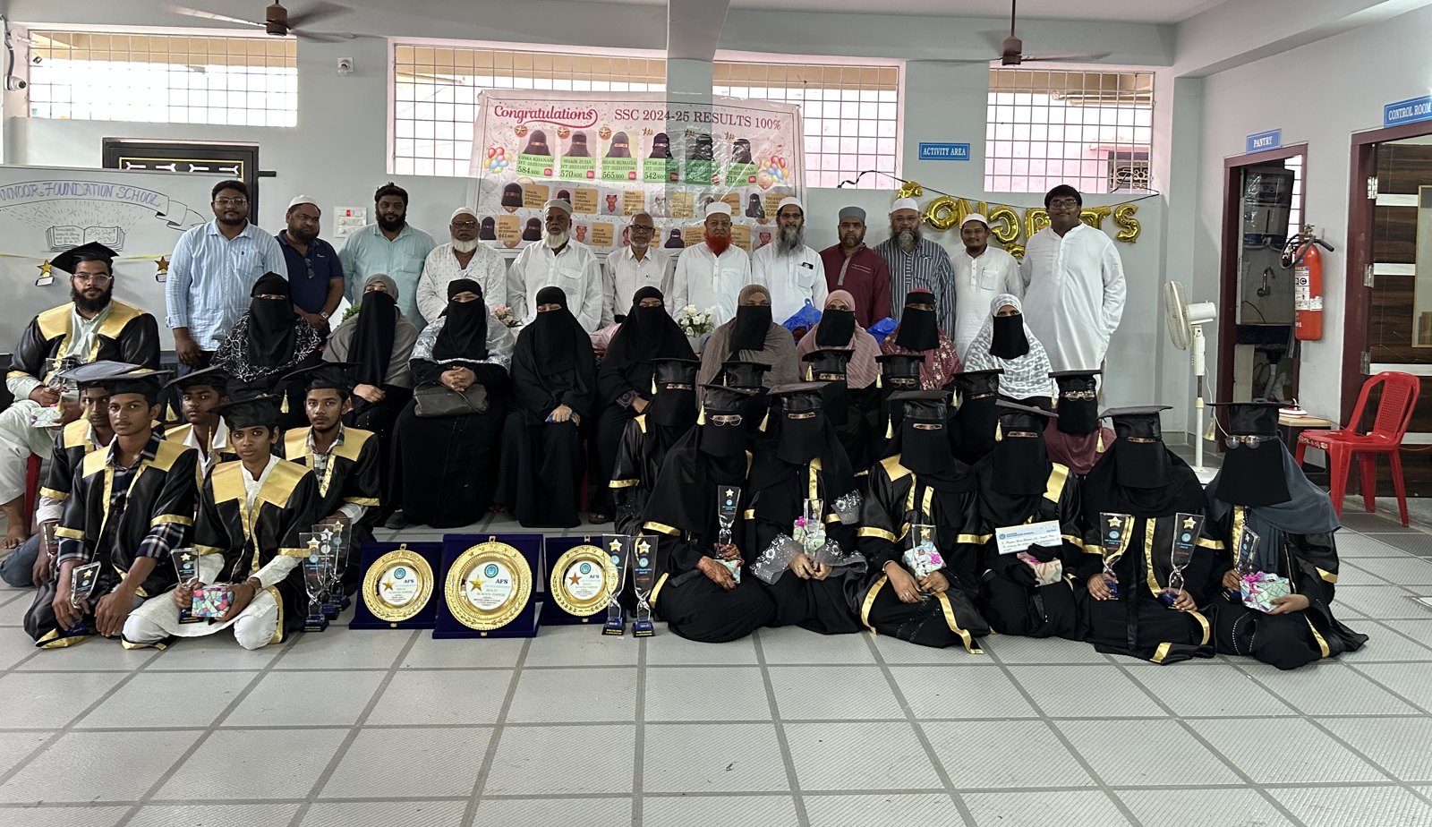 Students celebrating their graduation in caps and gowns